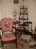 Needlepoint chair, stands, footstools, child's rocker, etc.