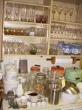Kitchen glasses, storage items, Pfaltzgraff canister set.