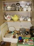 Kitchen items.  Yellow Hall teapot is in good condition.  At bottom of photo are boxes of kitchen utensils