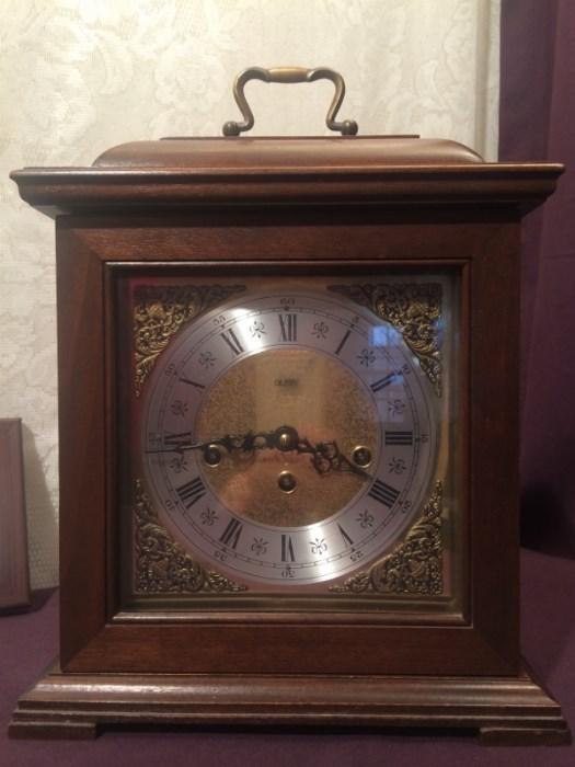 Nice, running Alfry mantel clock. 8 day windup, with chimes that currently do not function. Would expect that it just needs cleaned by a clock-smith. 11"W x 13"T x 6 1/2" D. Clock is in good condition and keeps good time.