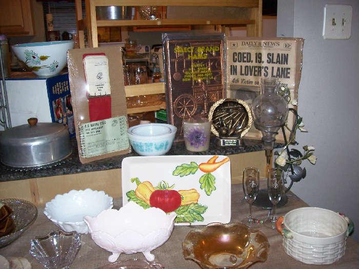 Lots of kitchenware - milk glass, several pieces of Depression, vintage mixing bowls