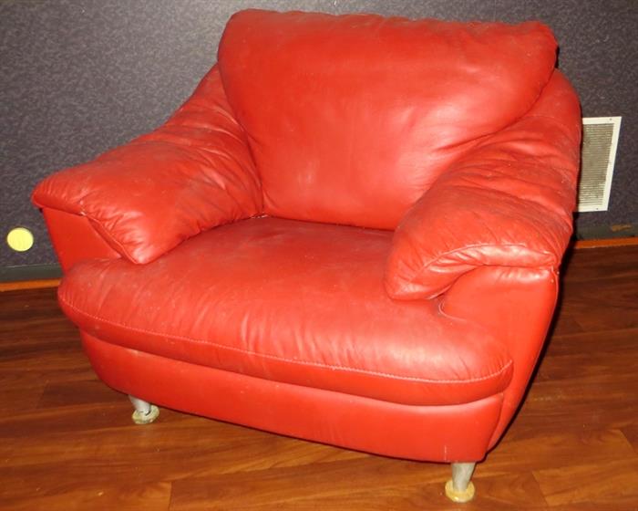 Red leather couch, loveseat and club chair.