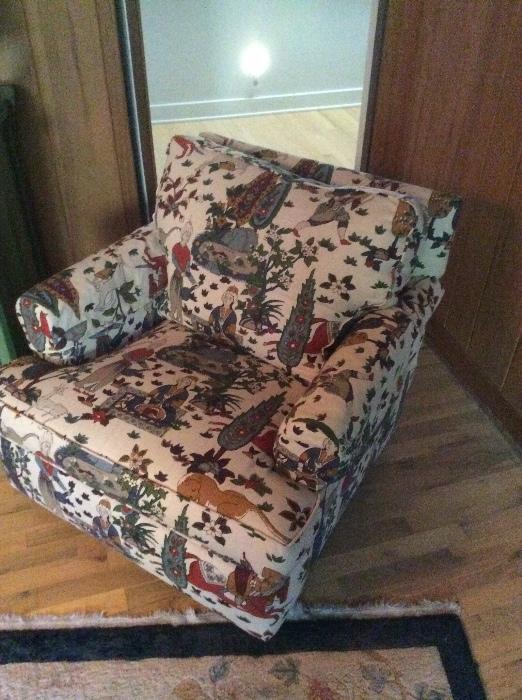 Beautiful fabric with oriental characters on this club chair