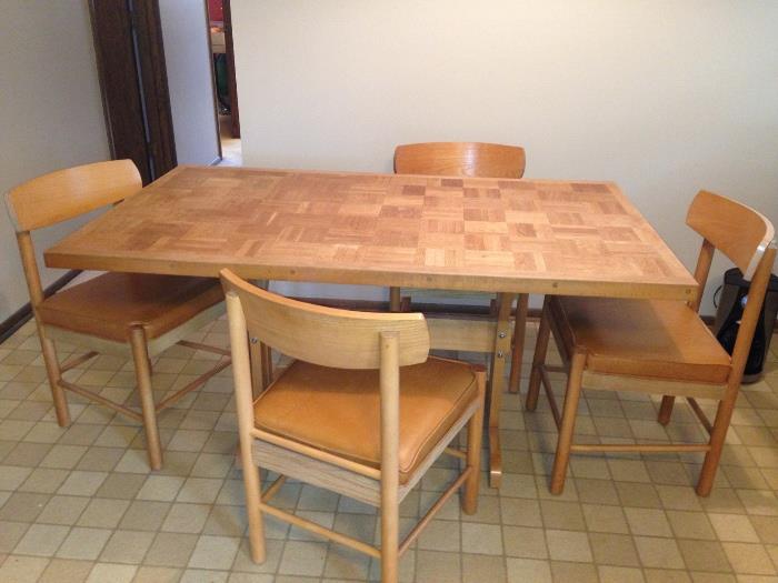Oak parquet table w/four padded chairs
