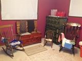 Mediterranian-look 5 drawer chest, vintage red train bag, hat box, rocking chairs (antique & vintage), rugs, hand-made Cedar chest, afghans