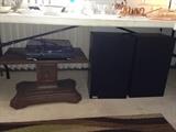 Large vintage speakers, turn-table, rugs, rolling tv stand