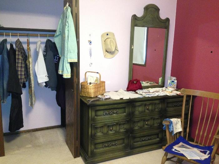 Mediterranian-look dresser with mirror, over 100 yr old rocking chair (brought over by Swedish immigrants)