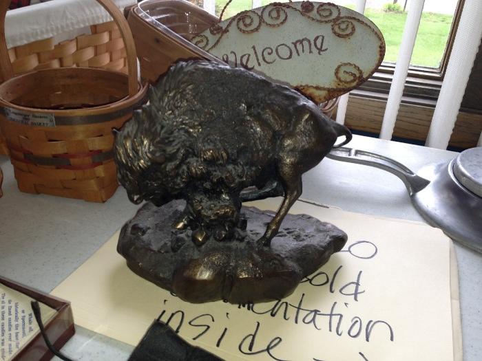 "THUNDER ON THE PLAINS" a solid brass bison statue with certified paperwork