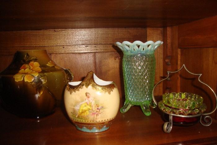 Rookwood Standard Glaze Vase and royal Vienna Vase and art glass salt dip in frame