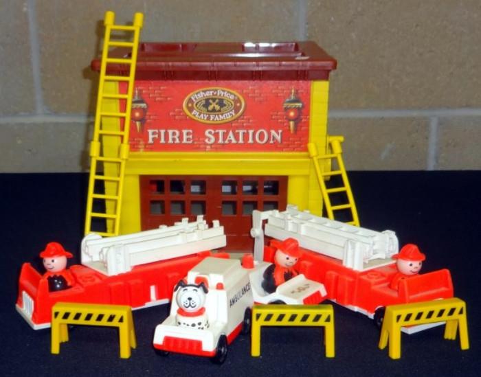 Vintage Fisher Price Little People Play Family Fire Station Complete Set with Extra Fire Truck