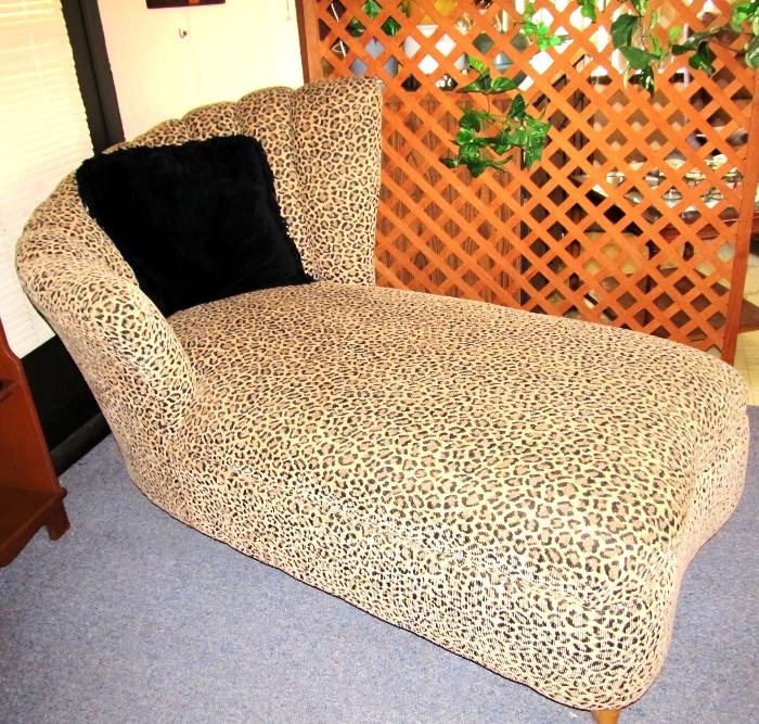 Accent Chaise Lounge Chair with leopard print upholstery and tufted fan style curved back