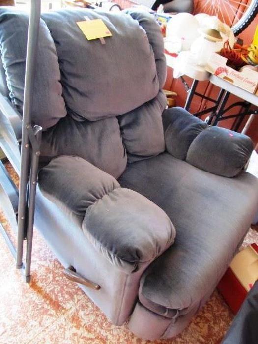 "Cat Napper" Swivel Rocker / Recliner Chair with overstuffed arms and back,  Plush Blue Velour Upholstery....relaxing in this much comfort might make it difficult for you to go back to work