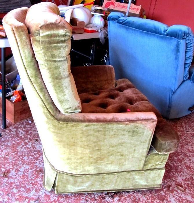Swivel Rocking Chair with green velour upholstery and tufted seat and back;  Also shown is a "Cat Napper" Swivel Rocker / Recliner Chair with overstuffed arms and back,  Plush Blue Velour Upholstery