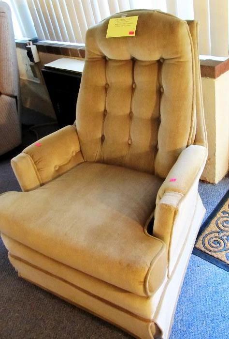 Nice Accent Rocker Style Arm Occasional Chair with beige upholstery, Tufted arms and back, and  removable seat cushion,  
