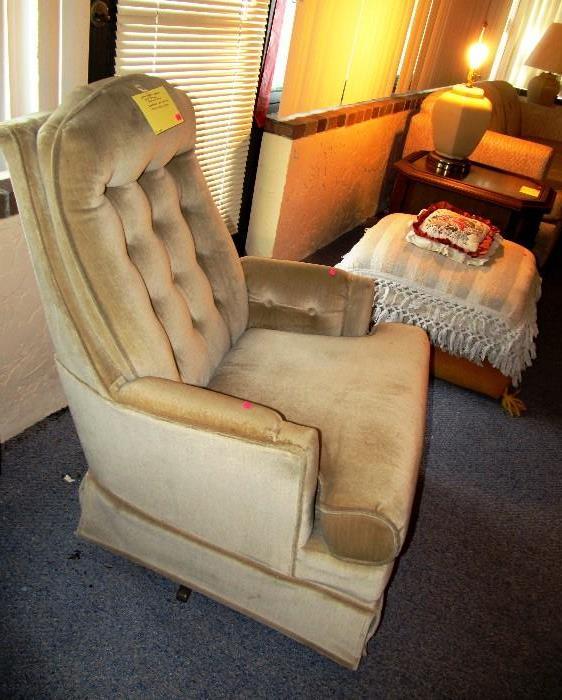 Nice Accent Rocker Style Arm Occasional Chair with beige upholstery, Tufted arms and back, and  removable seat cushion,  