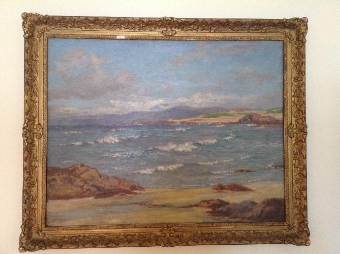 John McGhie Sea-Scape Painting titled Mull and Ben More from Iona Scotland. 70 cm by 90 cm oil on canvas.