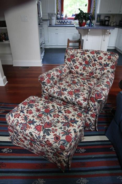 Custom-upholstered chair and ottoman