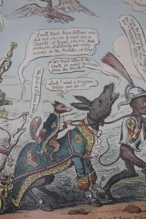The Royal Menagerie on the Road to Spain by Cruikshank - 1823 lithograph
