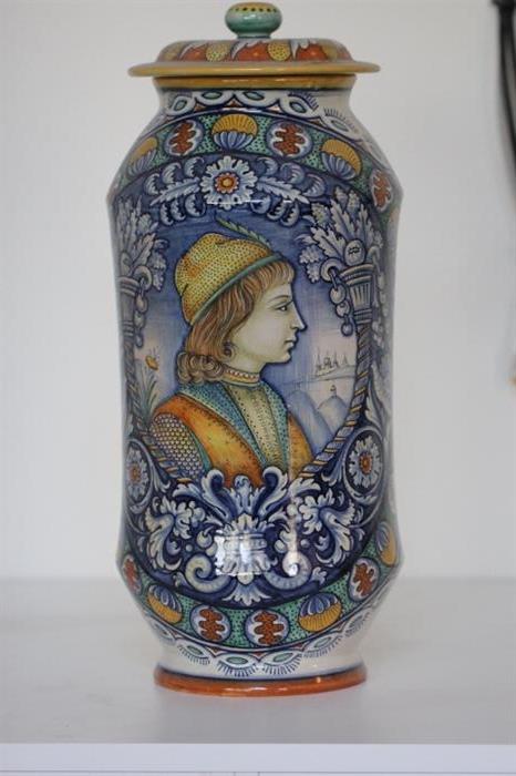 One of two impressive Renaissance style Italian Majolica lidded jars by Antonio Margaritelli of Deruta.  20" high