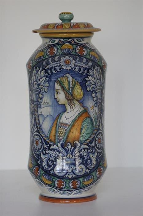 Breathtaking Italian Majolica Renaissance style lidded jar by Antonion Margaritelli of Deruta (22" high, lid "as is")