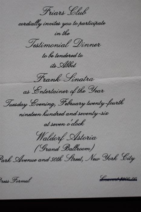 Invitation to 1976 Friars Club "Entertainer of the Year" Dinner honoring Frank Sinatra.
