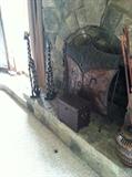 Metal fire screen, carved wooden giraffes, & decorative box