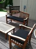 Kingsley Bate teak bench, 2 chairs, coffee table, & side table