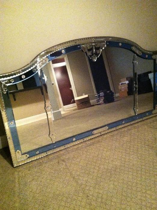 Georgous mirror with blue, gold, & clear glass embelishments