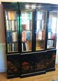 Chinese style black Chinoserie lacquered bookcase or breakfront
