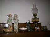 KEROSENE LAMP, PAIR OF BISQUE FIGURINES FROM "1909"