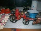 CAST IRON FIRE TRUCK, SMALL CHILDS GRANITWARE STRAINER