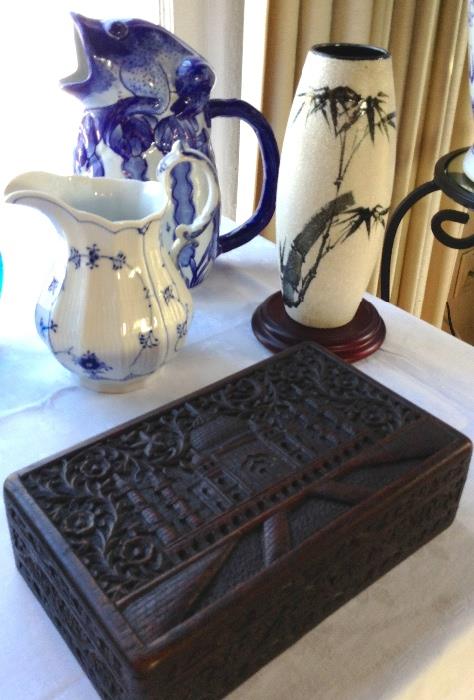 Royal Copenhagen Pitcher, Frog Spout Pitcher, Bamboo Decorated Japanese Form Vase, Wood Box with Taj Mahal - Relief Carving