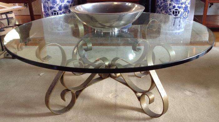 Thick Glass Cocktail Table on Iron Ribbon Base (matching End Table)