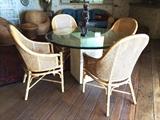 Faux-Stone Pedestal Base and Beveled Glass Table, Rattan & Cane Chairs with Rawhide Wrapped Joints 
