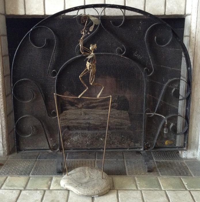 Wrought Iron Fire Screen and Brass Tight-Rope Walker