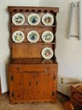 Vintage Pine Hutch w/Vintage Red Wing Fruit Plates. 31.5 W x 16.5 deep x 64" T