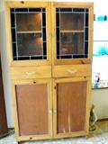 Pine Hutch w/stain glass doors & lighted. 36" W x 15" deep x 66" T. 