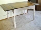 Oak Top Table w/2 leaves. The base has been painted a pale pink. 59"L x 31.5 W. w/o 2 leaves 45.5 L