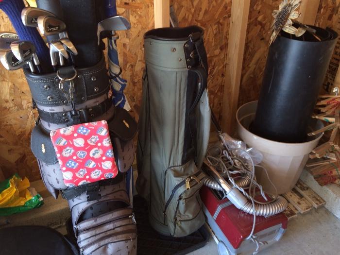 Golf clubs, bags, shoes, and other equipment.