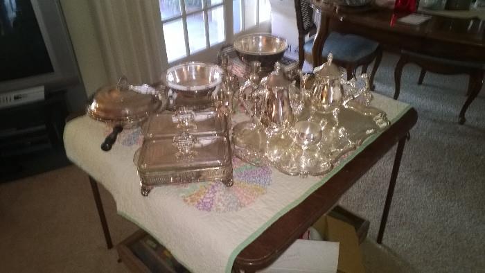 Silver plate- double casserole, buffet dish, bowls and platters