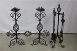 ANTIQUE EARLY AMERICAN WROUGHT IRON ANDIRONS FIREPLACE TOOLS