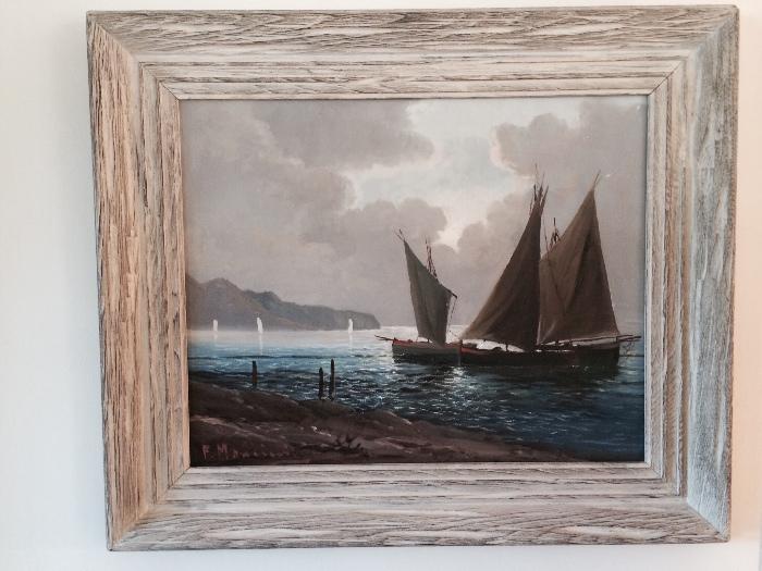 Oil painting on canvas by F. Mancini, mid century
