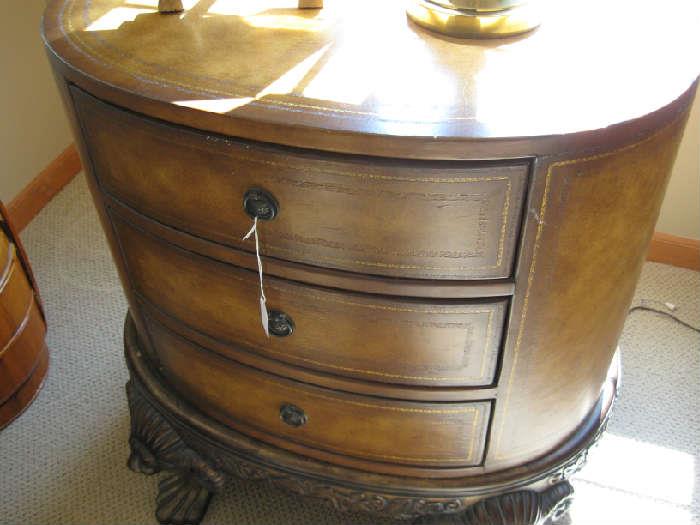 Barrel end table with drawers and leather top