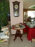 Antique Table, Dolls, Clock