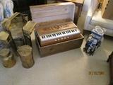 Harmonium from India, brass cooking items, elephant stand