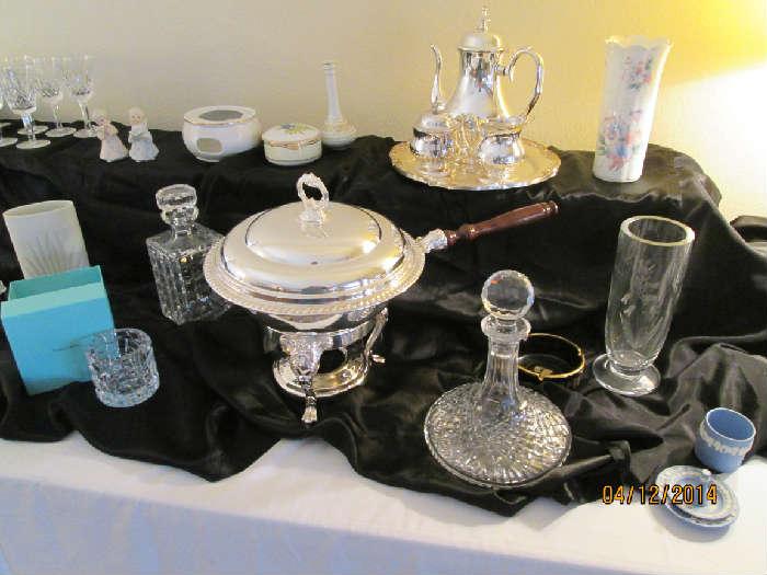 Crystal, serving pieces, silver plate