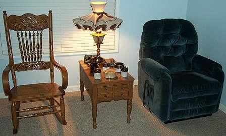 La-Z-boy luxury lift chair, maple end table and  pressed back cane bottom rocker