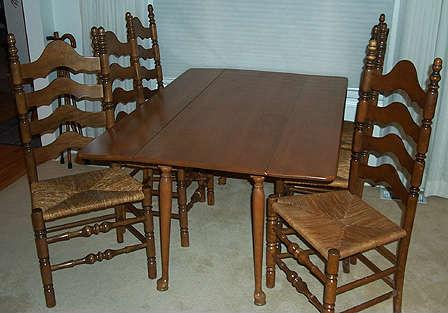 Maple drop leaf table (60" L x 40" W) & 6 ladder back chairs