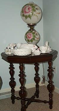 Octagonal lamp table w/ GWTW electric lamp and Westmoreland milk glass.