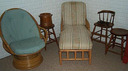 Bamboo rocker, lounge chair, youth chair and maple stools